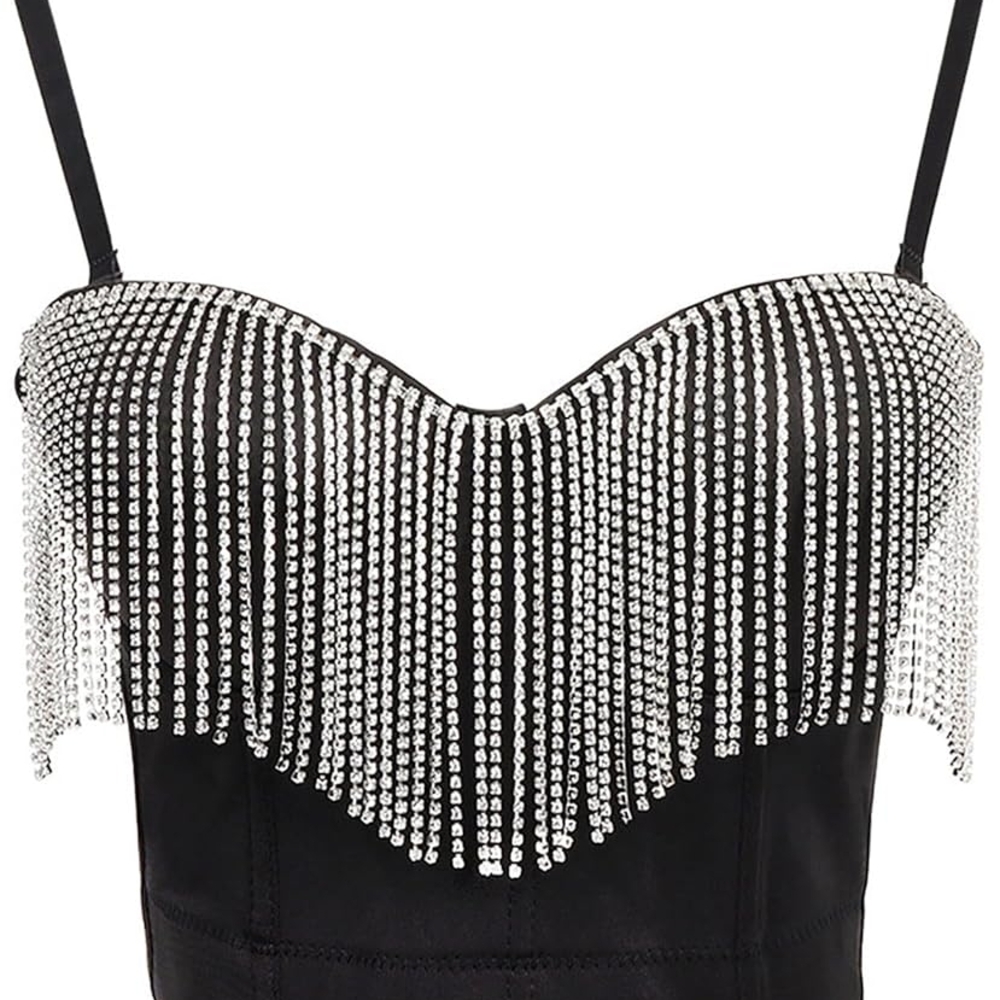 Black Bustier with Silver Rhinestone Fringe
